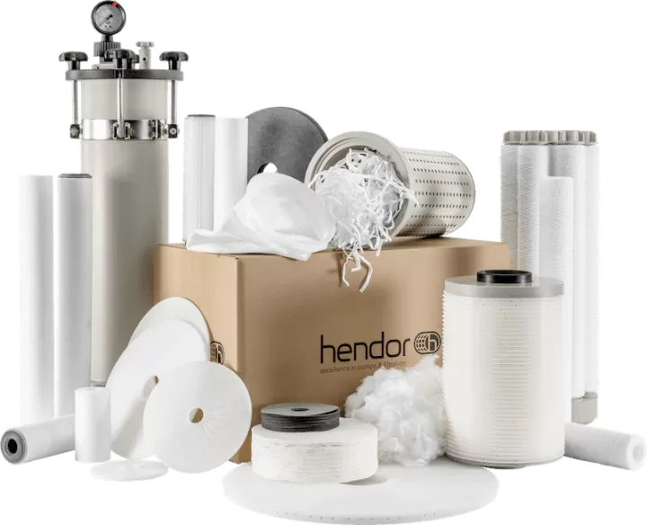All the Hendor filter media: filter bags, filter discs, filter cartridges, and micro fibers.